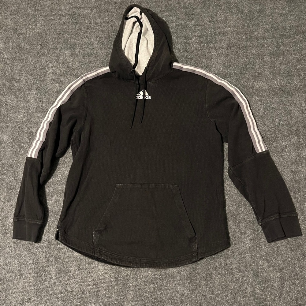 Adidas Mens Black Three Stripe Mesh Lined Pullover Hoodie Medium RN 88387